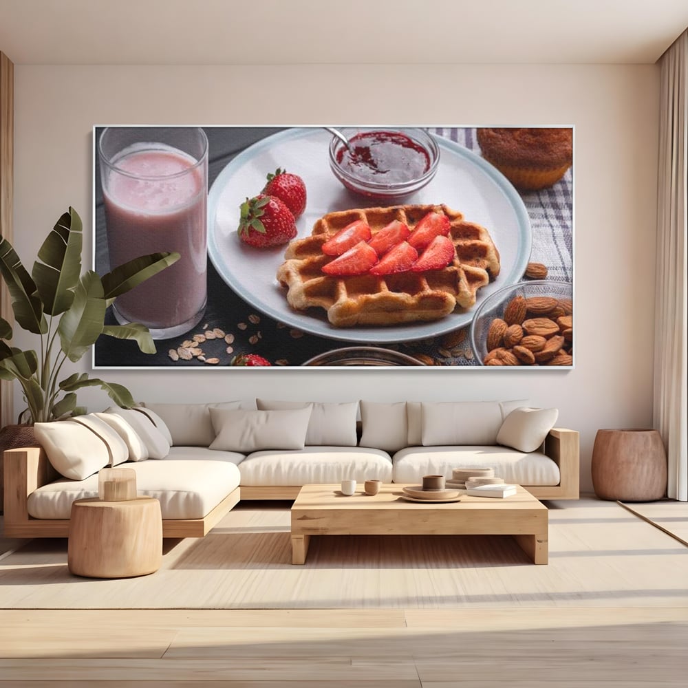 Tablou canvas cu tablou canvas cu mic dejun bogat, in rama de aluminiu argintiu, pe perete intr-un living